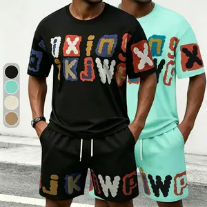 Letter graffiti print set for men's summer loose short sleeved+shorts trendy casual sports versatile two-piece set
