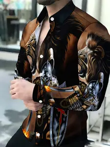 Men's Breathable Lapel Long Sleeve Animal Print Button Front Casual Graphic Shirt with Lion Warrior Graphic Print