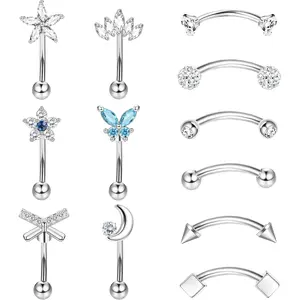 12Pcs 16G Surgical Steel Curved Barbell Set - 6/8mm Rook, Eyebrow & Vertical Lip Piercing Jewelry