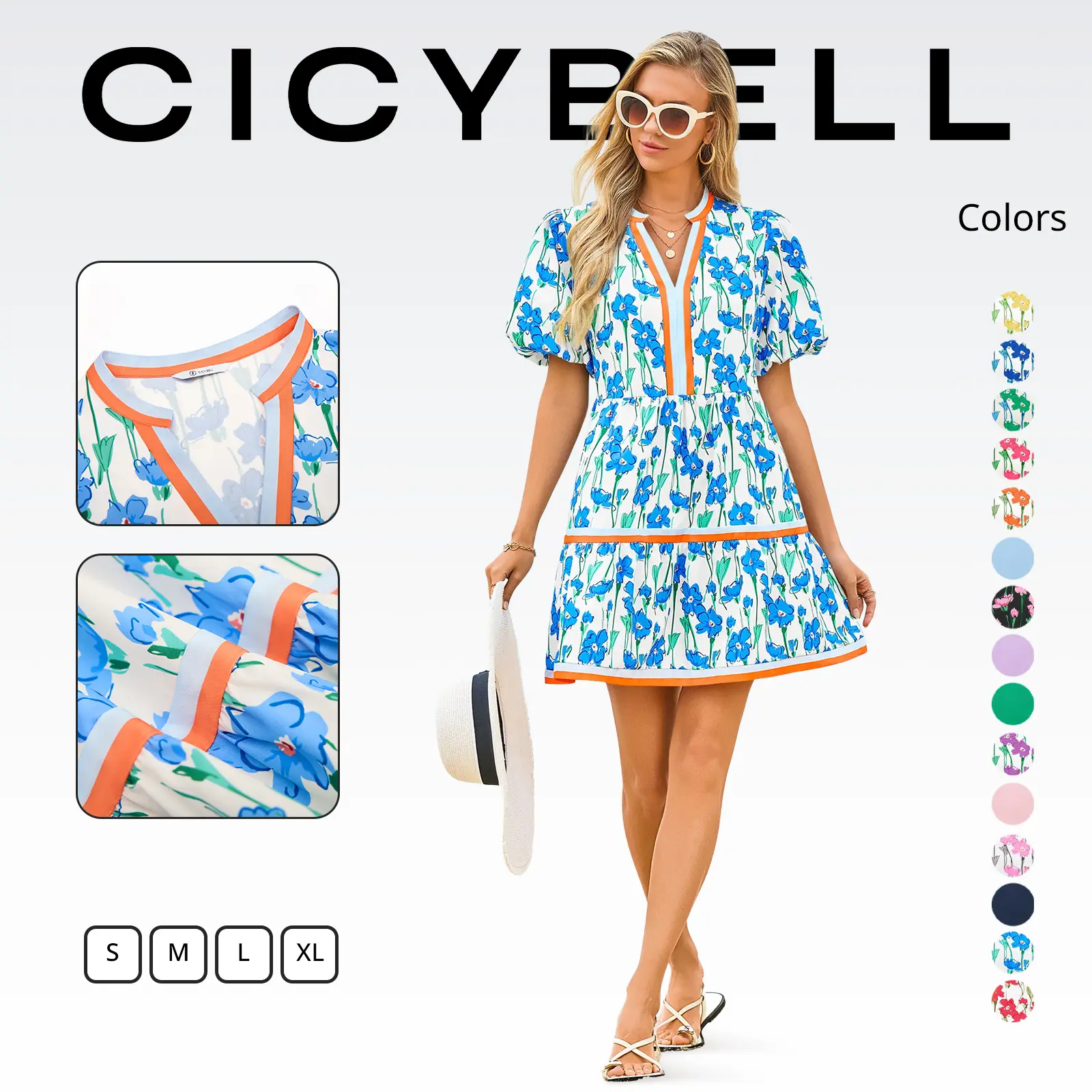 Cicy Bell Womens V Neck Floral Mini Sundress Short Puff Sleeve Patchwork Summer Casual Boho Dresses Soft Fabric & Comfortable Fit