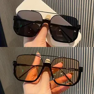 Oversized Square Sunglasses with AC Lenses, Retro Metal Frame & Double Bridge Design, Unisex Fashion Eyewear for Daily Wear & Driving