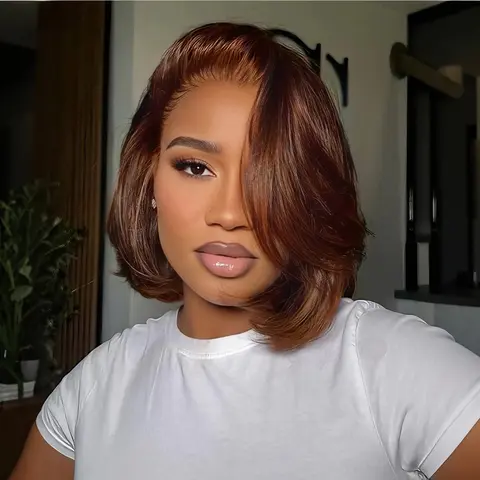 Wavymy Female Fluffy Natural 100% Human Hair Layered Bob Cut Lace Front Wig - 33# & 27# Color, Pre-Styled Glueless Blowout Layered Wave, 9x6 Deeper Parting M-Cap, C-Part Pre-Cut Lace, Beginner-Friendly, Natural Black Texture