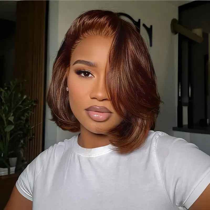Wavymy Female Fluffy Natural 100% Human Hair Layered Bob Cut Lace Front Wig - 33# & 27# Color, Pre-Styled Glueless Blowout Layered Wave, 9x6 Deeper Parting M-Cap, C-Part Pre-Cut Lace, Beginner-Friendly, Natural Black Texture