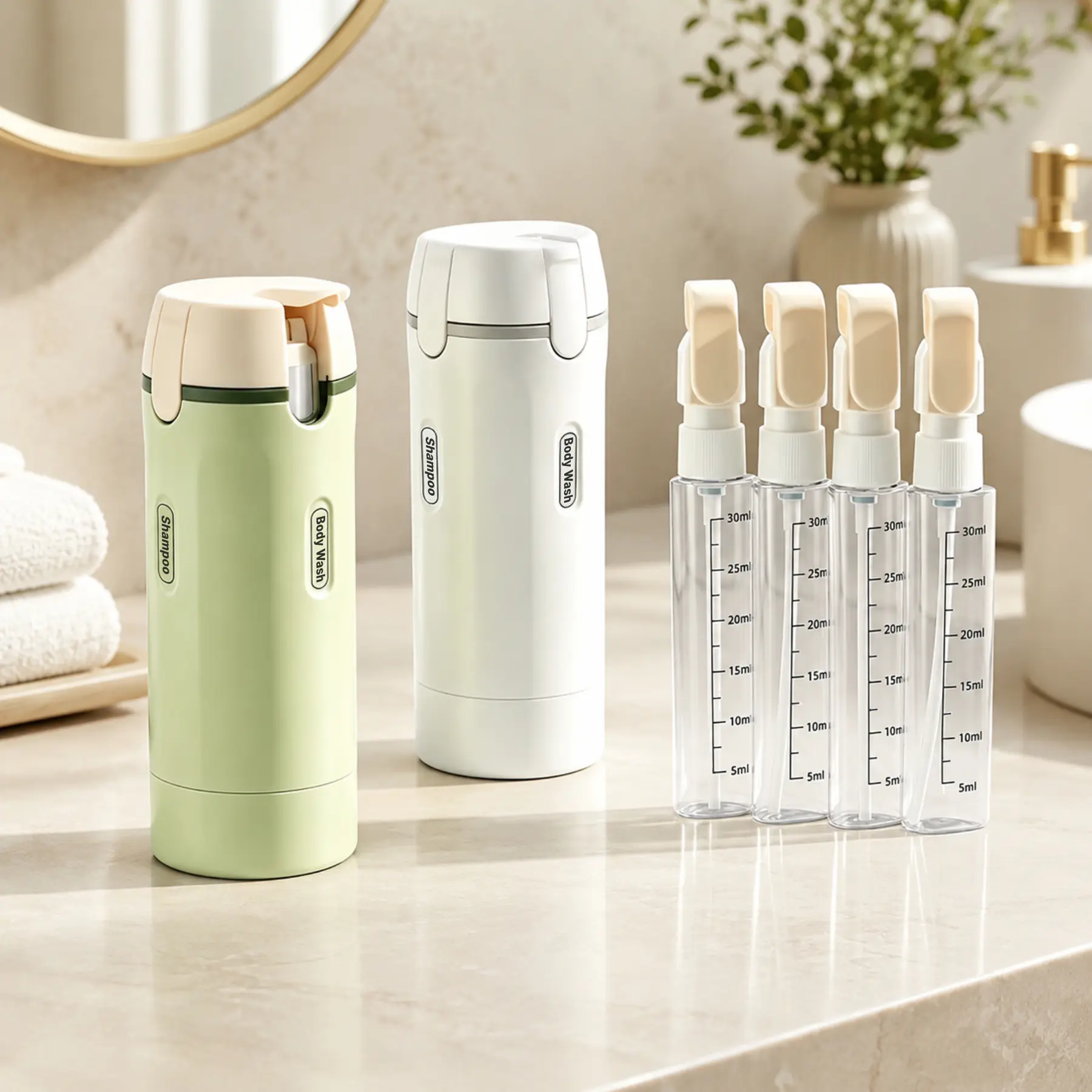 4-in-1 Portable Refillable Toiletry Bottle Set, Twist-Lock Leak-Resistant Compact Pump Dispenser for Home Supplies, Storage Bottles & Jars, Daily Use & Business Trips