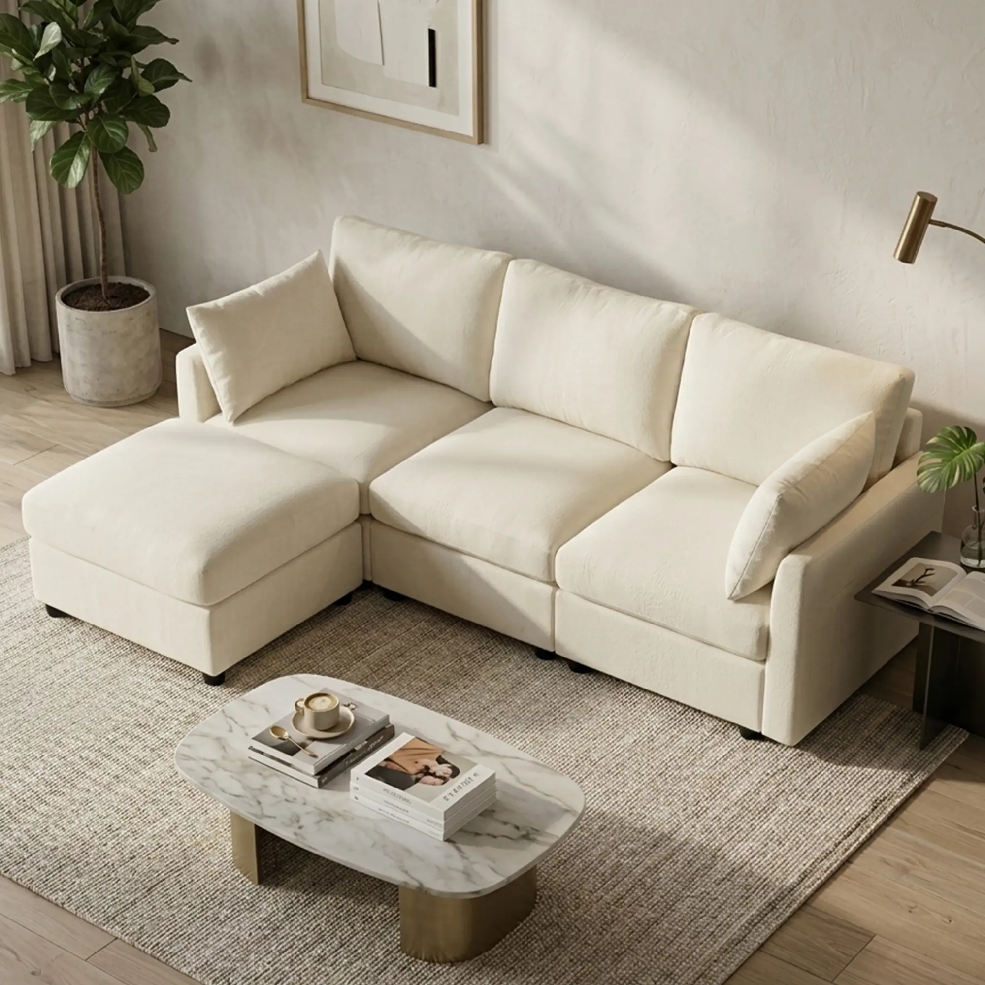 【2 Packages Shipping】 Tbfit Modular L-Shaped Cloud Sofa Set - Chenille Sectional Couch with Ottoman, Pocket Spring Cushions, Reconfigurable Layout, Pill-Resist Fabric, Beige Modern Deep Seat Living Room Furniture, Tiktokshopstockup