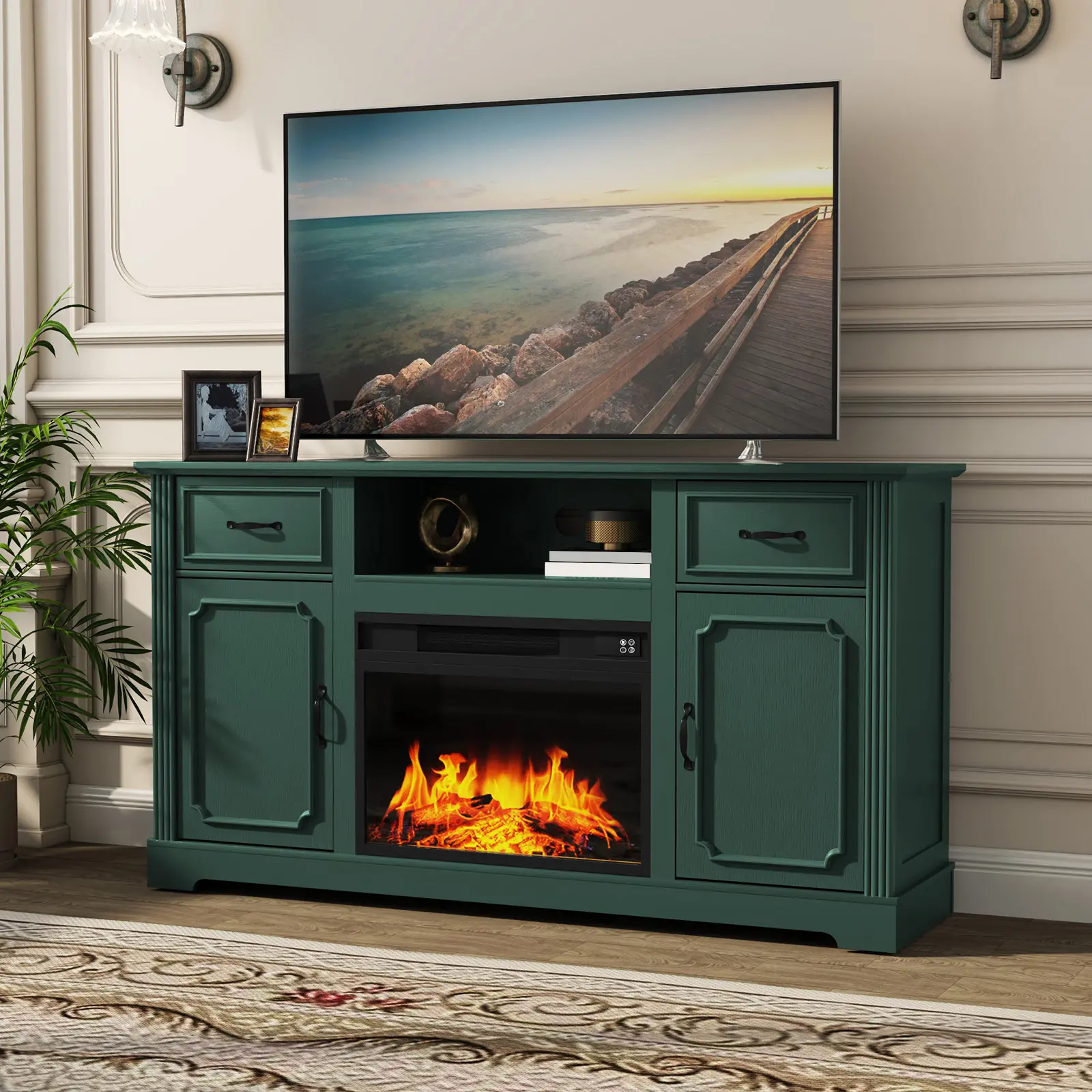 [summerwins] HLR Farmhouse Electric Fireplace TV Stand Sideboard | Aesthetic, Cozy, Vintage - Inspired | Multifunctional Storage & Warm Ambiance for Living Room, Bedroom, Entertainment Area | Stylish & Practical for Home Decor Enthusiasts