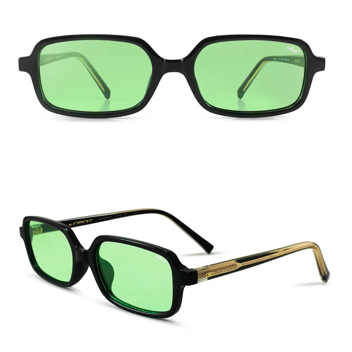 Infinit Glyze Rectangle Sunglasses, Black Shiny + Green