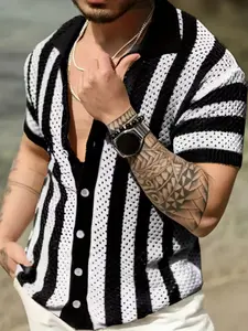Summer Striped Knit Cardigan, Soft Breathable Hollow Polo Neck Sweater, Beach Wear for Men, New 2026 Air Conditioning Shirt