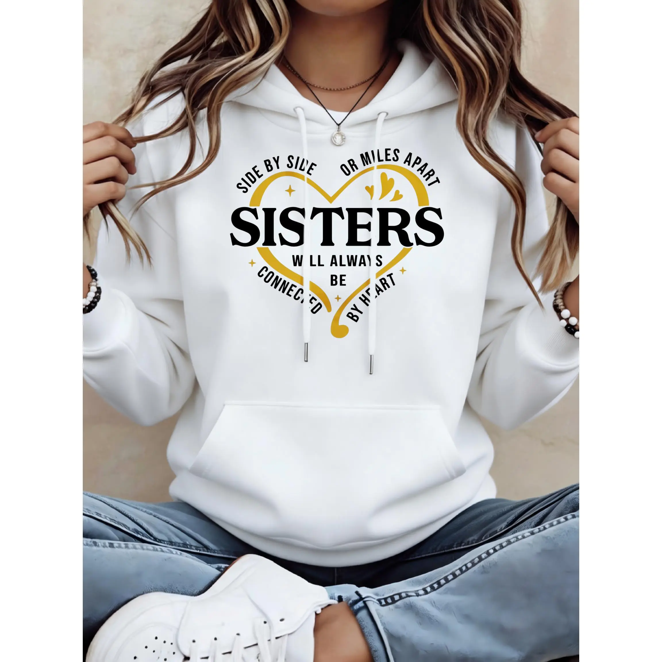 Women's Sisters Side By Side Or Miles Apart Will Always Be Connected By Heart Unisex Oversized Hoodie | Soft Breathable Cotton Blend Pullover | Trendy Cozy Loungewear & Streetwear For Daily, Gym, Travel & Fall Vibes