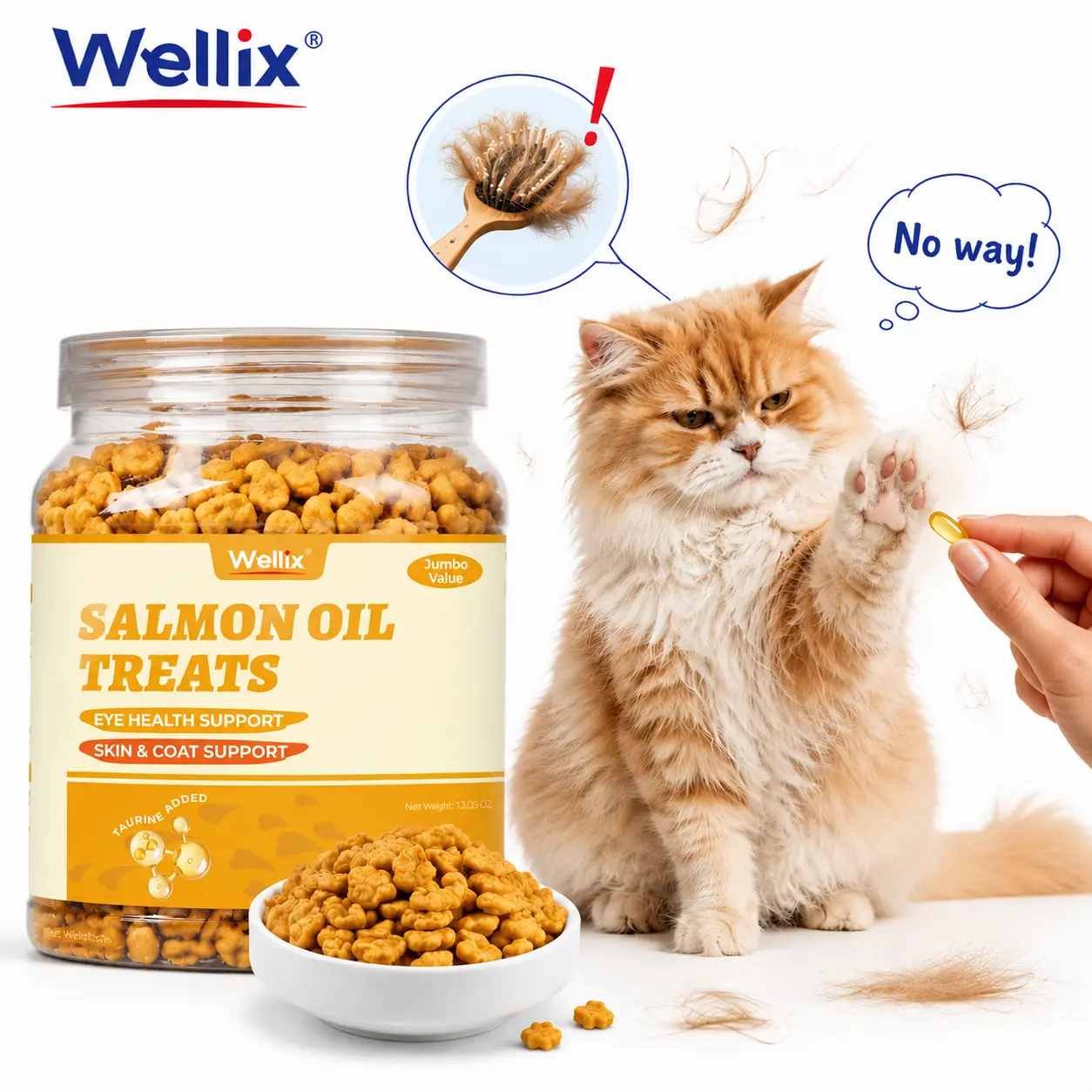 Wellix 13.05 oz Cat Treats with Salmon Oil & Omega-3, Skin and Coat Support | Healthy Crunchy Kitten Snacks Formulated with Taurine & Vitamins, Indoor Cat Training Treats & Food Toppers