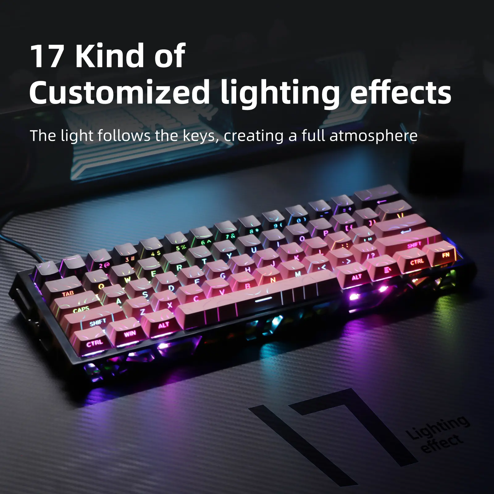 60% Magnetic Switch & Hot Swappable Gaming Keyboard, 61 Keys Black Pink Wired Mechanical Keyboard with Topographic Side-Printed Keycaps for PC