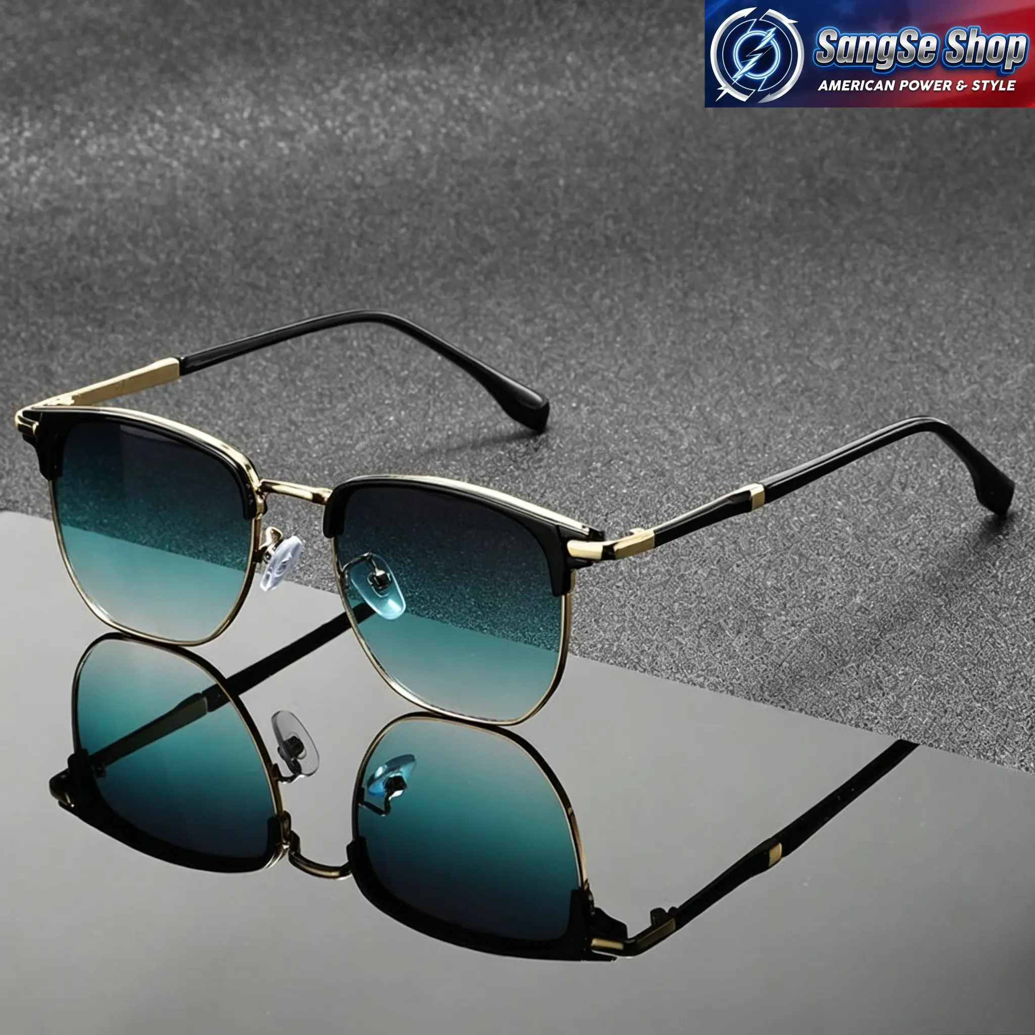 Unisex 90s Retro Aesthetic Square Semi-Rimless Gold Metal Frame Sunglasses - Teal Gradient UV400 Sun Protection Lenses, Trendy Casual Daily Fashion Vintage Square Framed Sunglasses