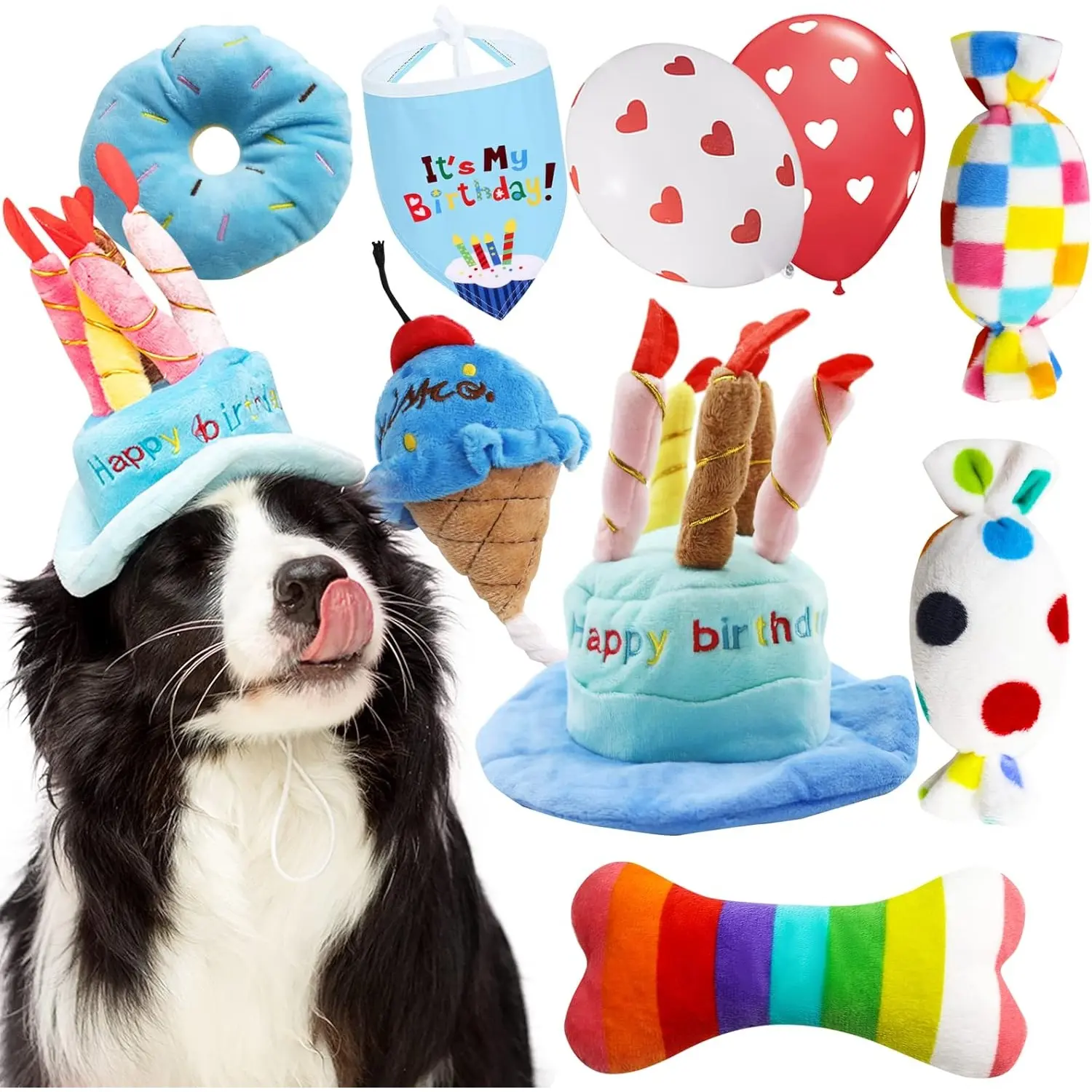 A Set of 9/6 Pcs Dog Birthday Toy,Pet Toy for Small Dogs,Cats,Includes Squeaky Cake Hat,Bandana,Dessert Themed Toys,Balloons,for Dog Birthday Party,Christmas,Halloween,Father's Day Gift