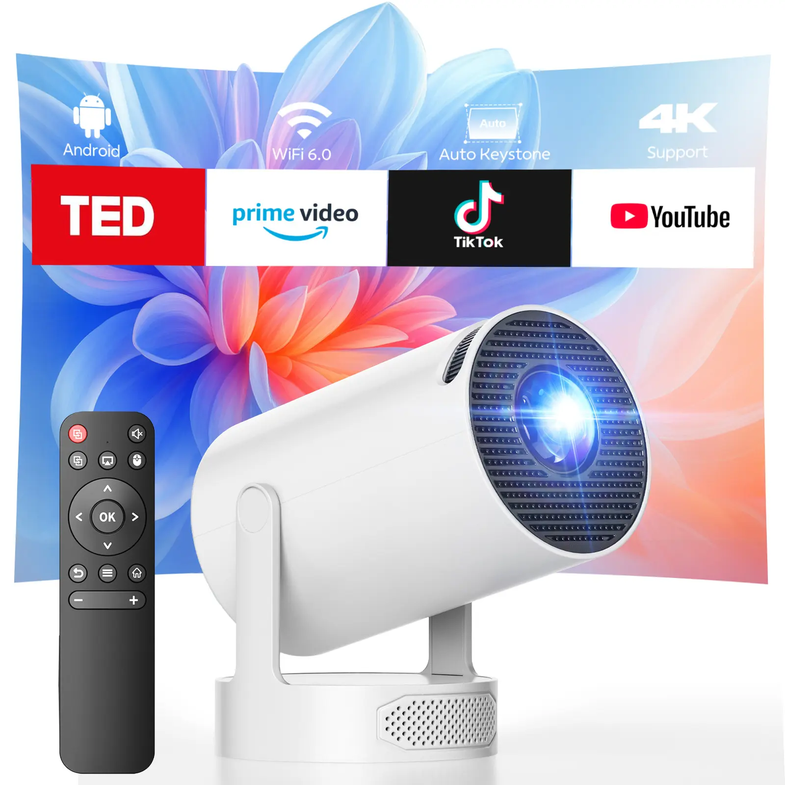Mini projector with WiFi 6 and Bluetooth 5.4, portable projector with 4K support and 5W built-in speaker, auto vertical keystone, 180° rotatable smart projector for ceiling and projection.Summerwins