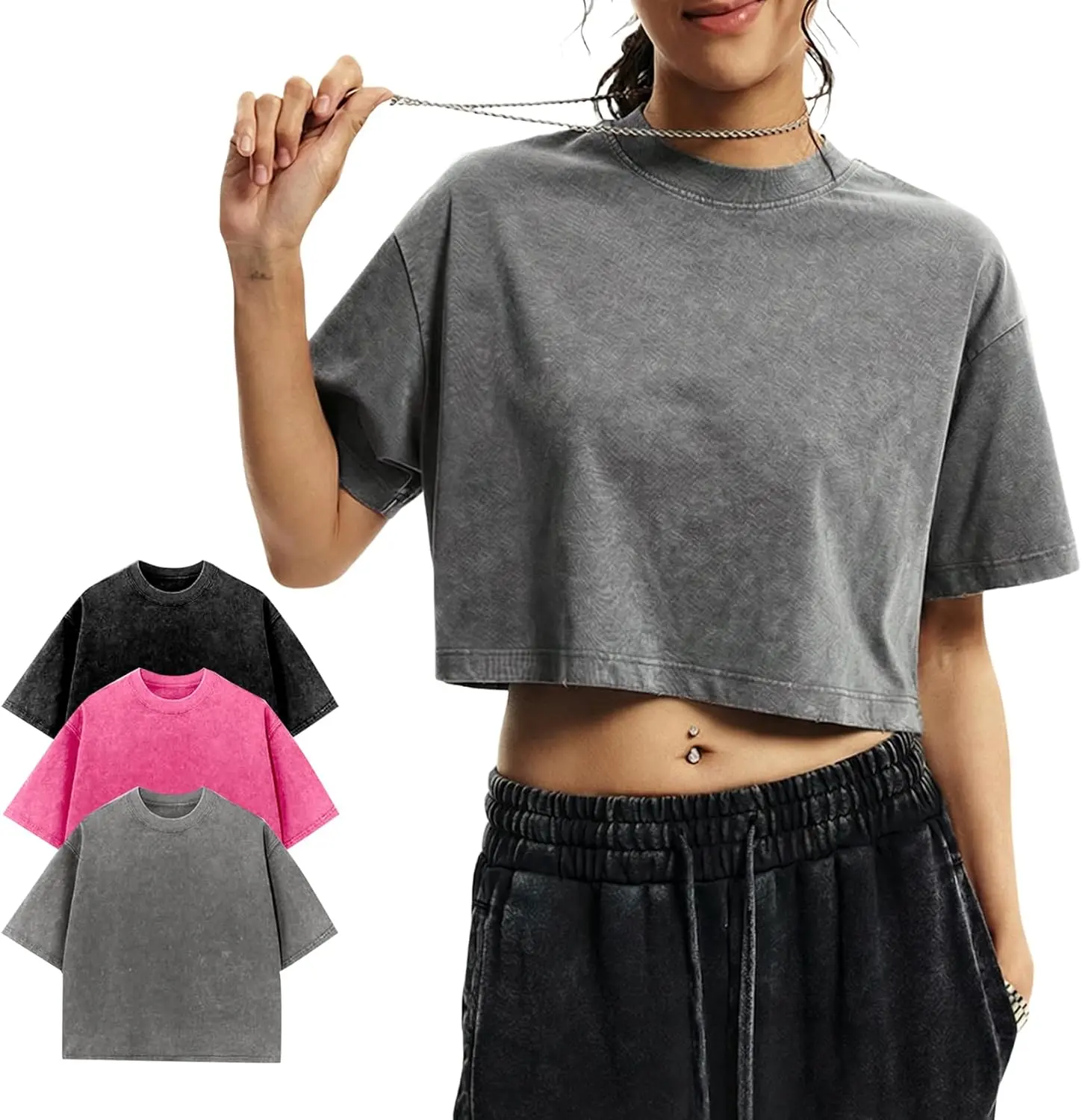 Yimoon Cropped T Shirts for Women Short Sleeve Acid Wash Cotton Tops Vintage Oversized Casual Basic Tee Shirts Lightweight