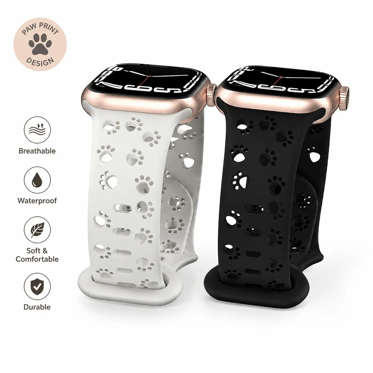 2 Pack Cute Paw Print Silicone Watch Bands for Women Men, Soft Adjustable Sport Straps with Dog Paw Cutout Design & Butterfly Clasp, Stylish Replacement Bands Compatible with Apple Watch Series 11/10/9/8/7/6/5/4/3/SE/Ultra