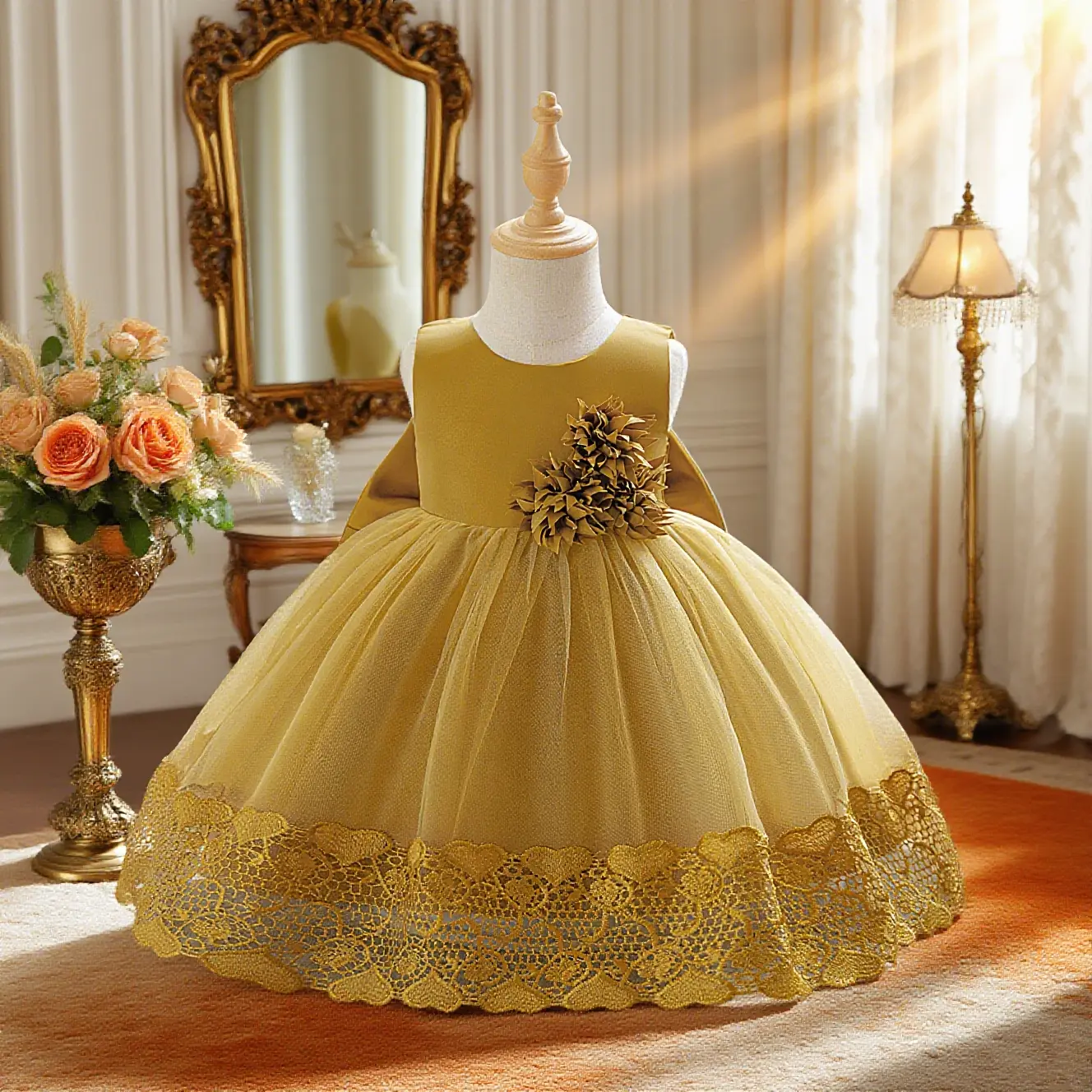 006 Birthday dress mesh tulle skirt little girl flower girl three-dimensional flower dress child festival performance costume