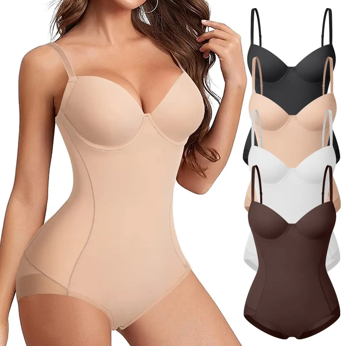 Women's Spandex BBL Shaper Bodysuit - Backless V-Neck Underwire Cup, Tummy Control Waist Trainer, Butt Lift Casual Faja, Bodysuit for Women with Chic Curves, Minimalist Wedding Apparel, Compression, Lady, Sexy, Casual Wear