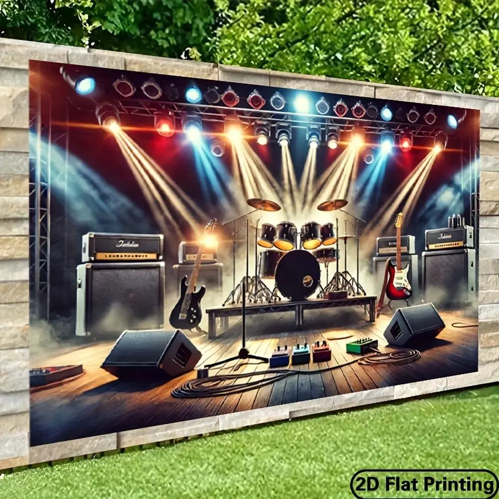 2D Flat Polyester Rock Print Wall Hanging Backdrop Tapestry - Vibrant Rock Band Stage Scene Decor with Amplifiers, Drums, Guitar - Party Decorations Banners for Birthday, Indoor-Outdoor Events