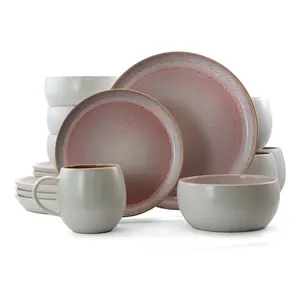 212 MAIN 16-Piece Luxurious Stoneware Dinnerware Set - Mocha Mauve (Purple), 4-Person Complete Set with Unique Form Plates and Dishes, Microwave-Safe