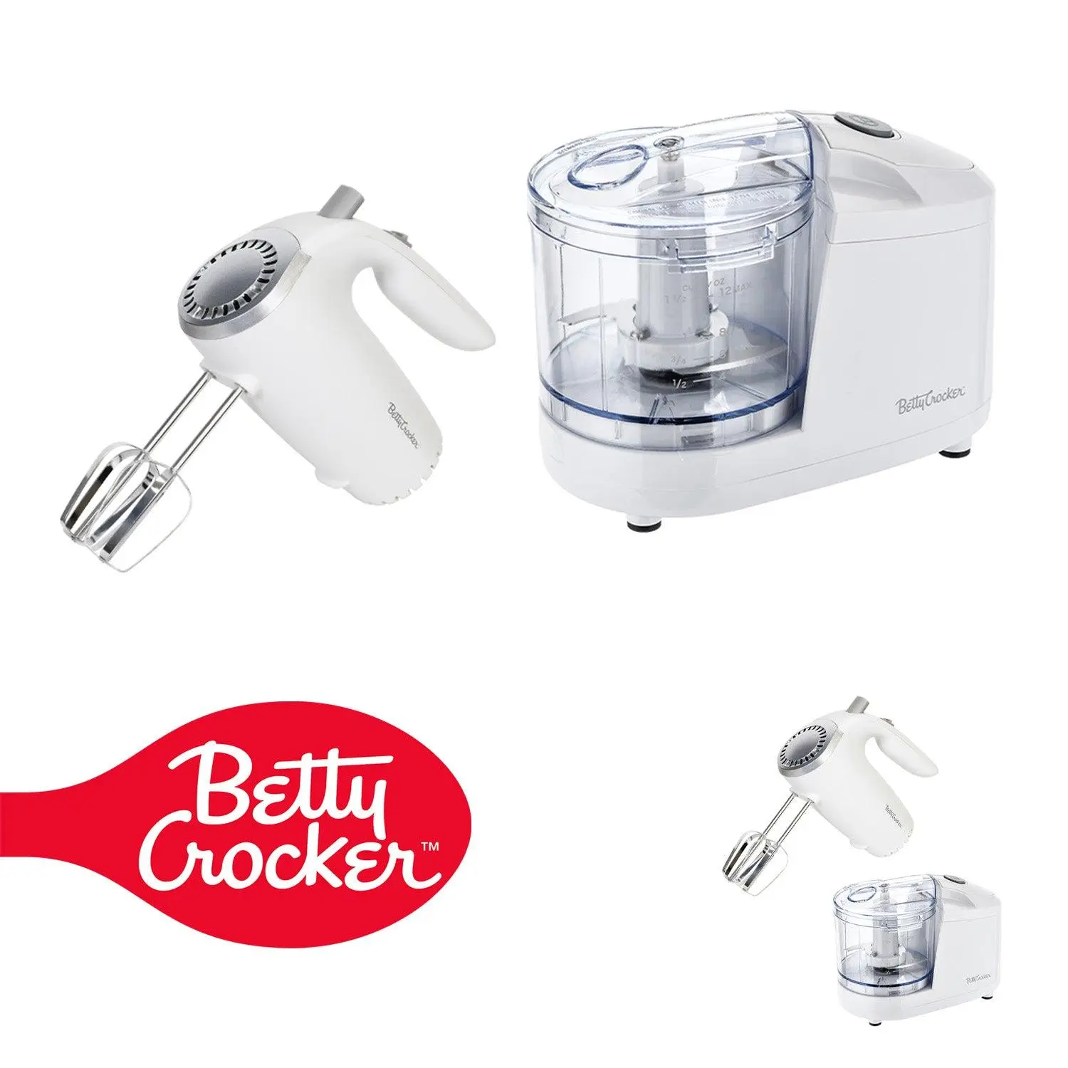 Betty Crocker 2-Piece Kitchen Appliances Combo: 5-Speed Hand Mixer (Hand Mixers for Apartments, Small Kitchens) with Chrome Beater, Whisk Attachments, 150W Power, Plus 100W Food Chopper (1-1/2 Cup Plastic Bowl, Safety Interlocking Lid) - BC-7222W, White,