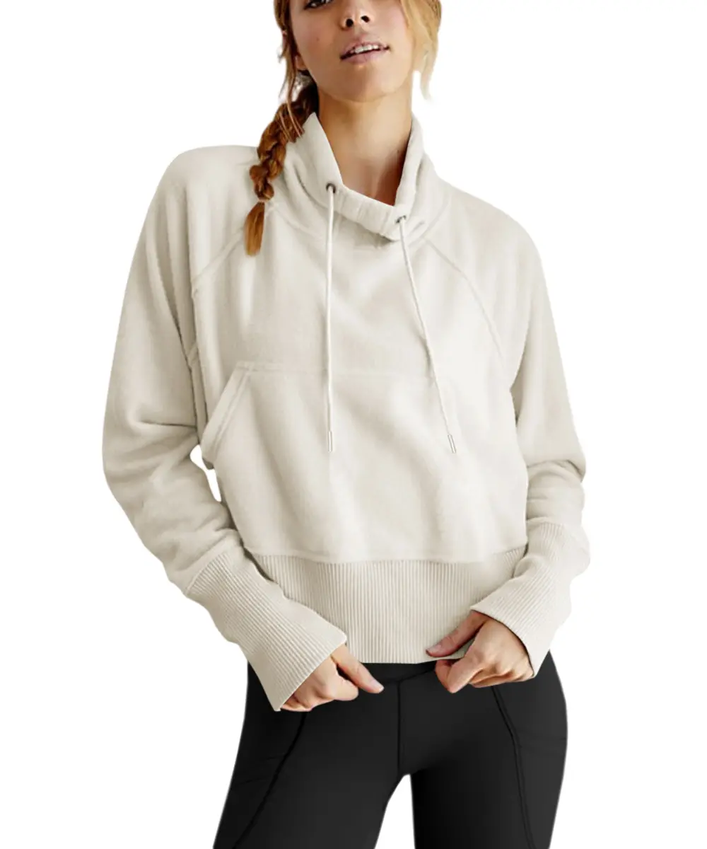 Women's Minimalist Fitted Basic Fleece Crop Hoodie - Long-Sleeve Turtle Neck Casual Pullover Top with Thumb Holes for Fall, Women's Casual Sweatshirts & Clothes