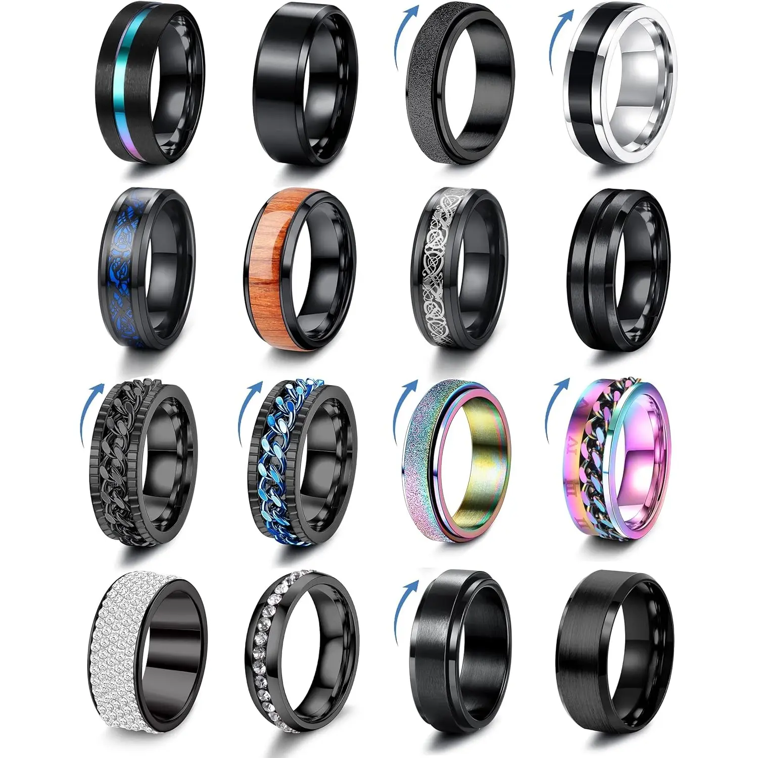 16Pcs Stainless Steel Fidget Ring Stack, Hypoallergenic Rotatable Spinner Bands for Men Women, Anxiety Stress Relief Jewelry, Relaxing Gifts, Stress Relief Ring, Hypoallergenic Ring