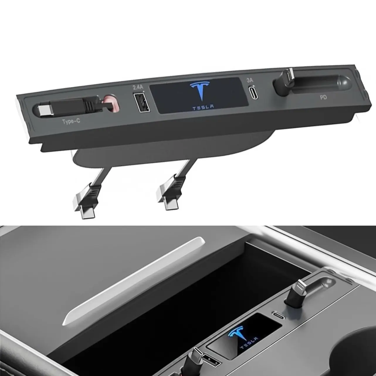 Fast Charge Tesla Charger Adapter, Tesla USB Hub Fit Center Console Adapter of 2021-2023 Model 3 and 2019-2024 Model Y