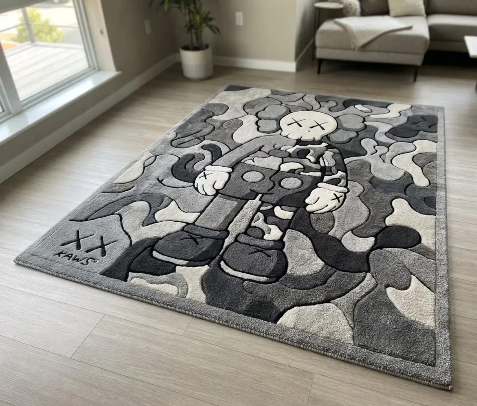 Hand-Tufted KAWS Inspired Grey Area Rug - Pop Art Carpet, Hypebeast Decor, High-Low Pile