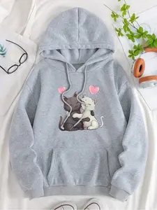 Women's fashionable hoodie with simple heart pattern, loving cat design, printed on the baggy pocket. Women's casual sweatshirt for autumn and winter, long sleeves, versatile, suitable for daily wear and casual parties.