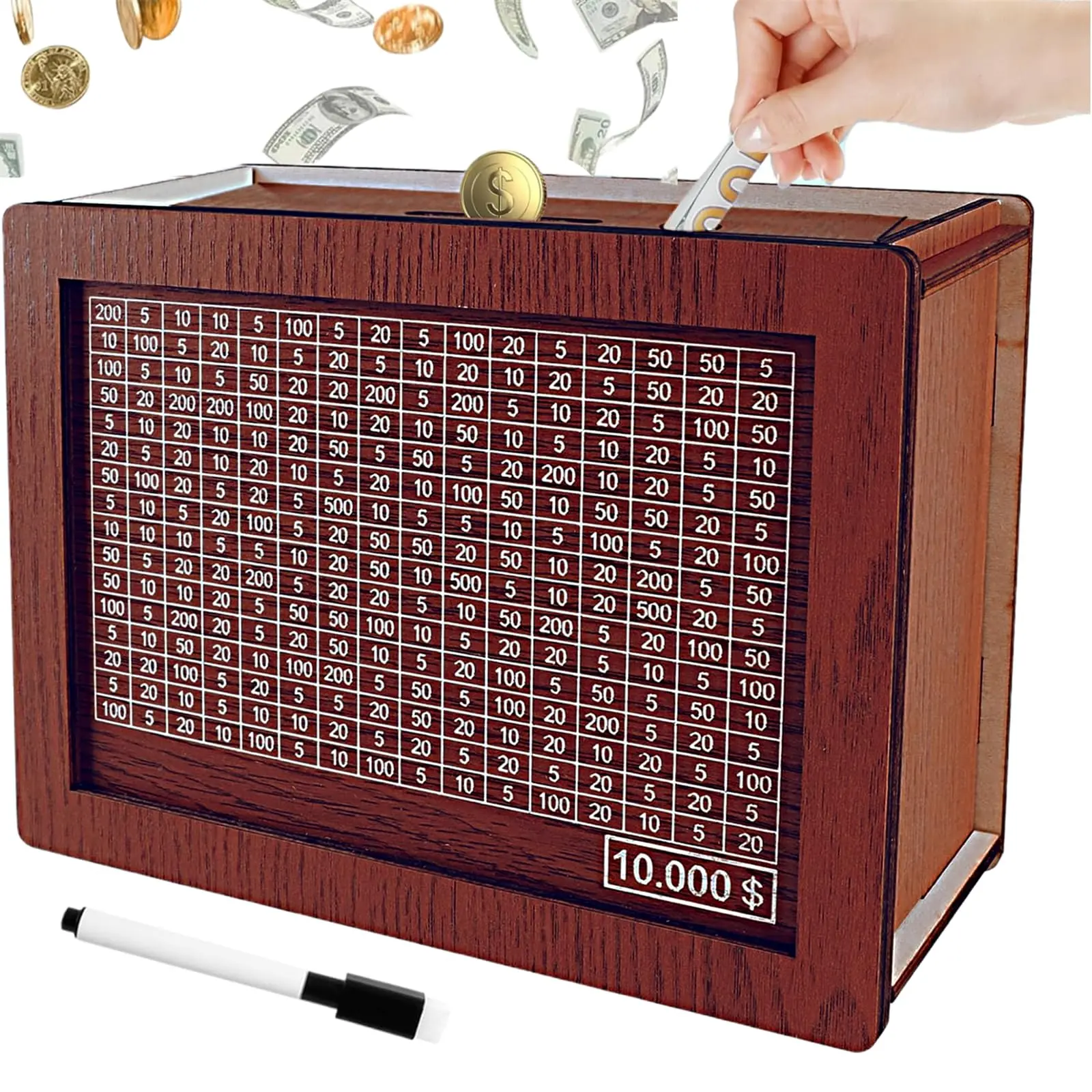 Savings Challenge Box, 10k Wooden Piggy Bank with Counter, Money Saving Box ，Savings Goal of $10000, Easy to Assemble Cash Vault, Ideal Gift (Dark Brown) Electronic ATM Style Lockable Jersey Display Shadow