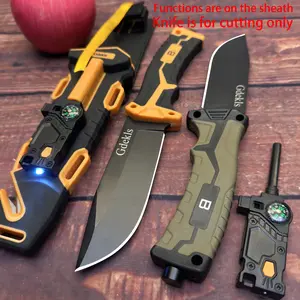 Knife for cutting only, survival tools integrated in sheath  Outdoor Knife with Multifunctional Sheath (Compass, LED Light, Fire Starter) for Camping