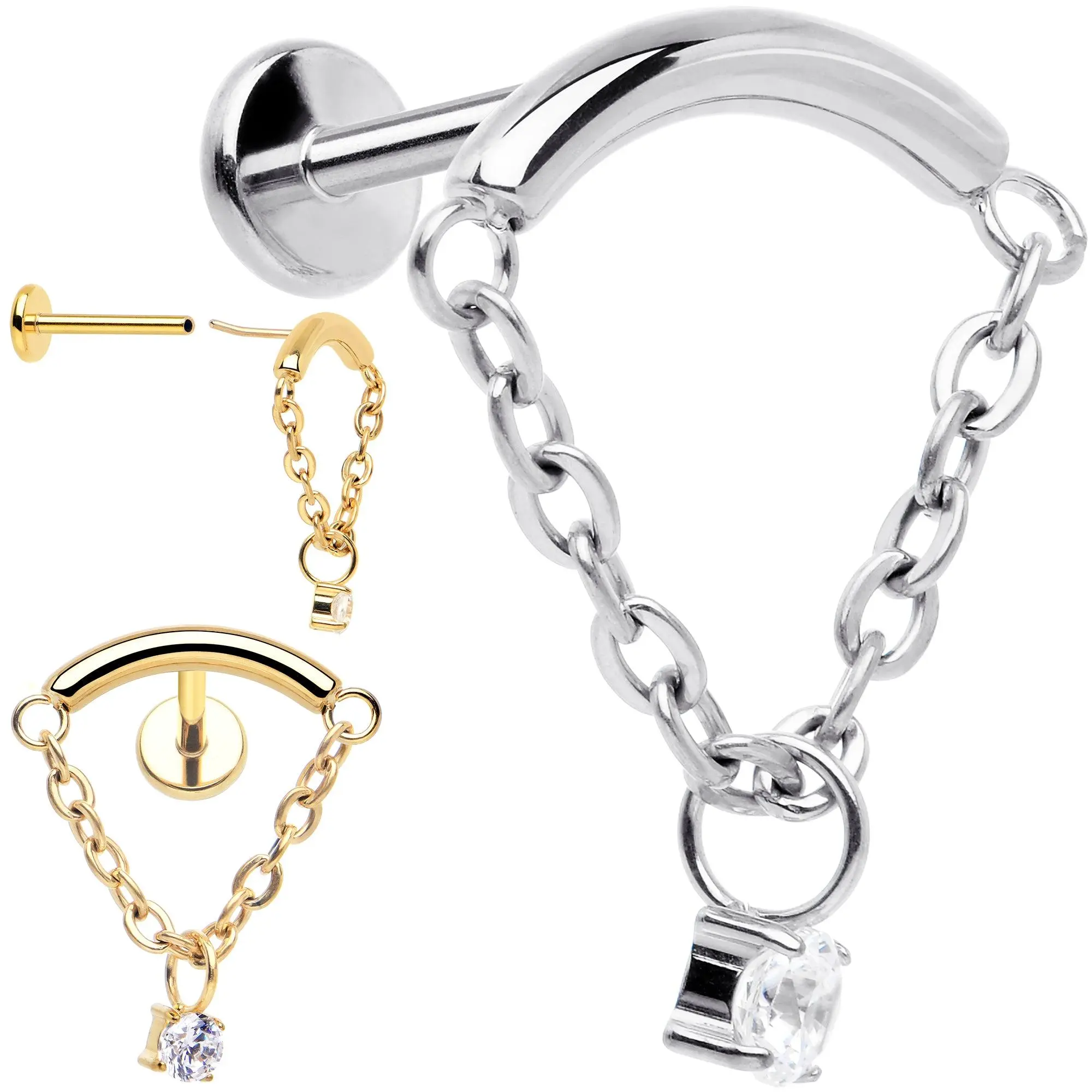 18 Gauge 5/16 CZ Gem Titanium Threadless Dangle Hidden Helix Earring