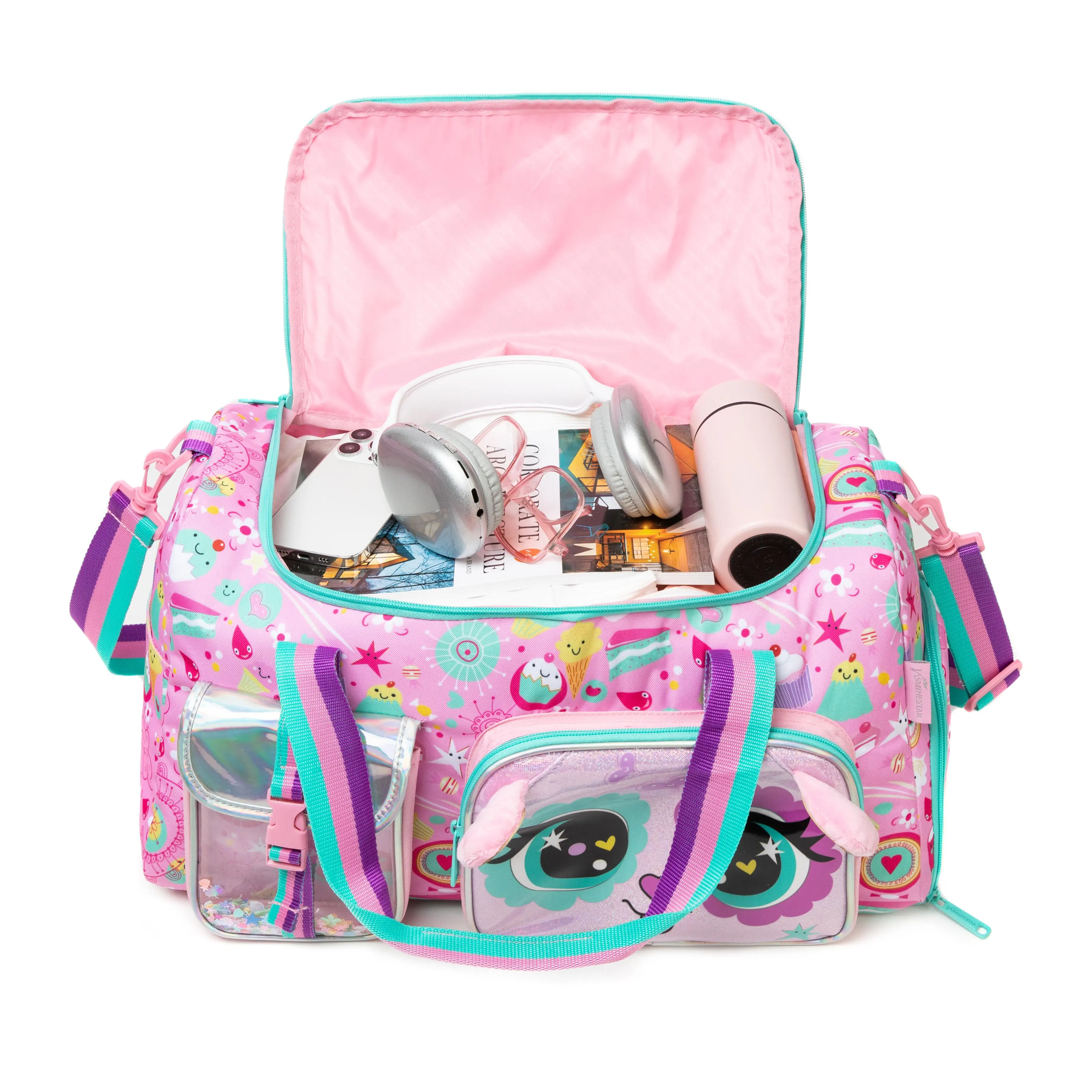 Girls' Cute Bunny Print 3-Piece Multi-Compartmentalized Travel Duffle Bag - Pink Cartoon Luggage with Glitter Pouch, Casual & Overnight Cute Travel Bag for Sleepovers, Dance, Cute Travel Bags, 3-Piece Travel Bags
