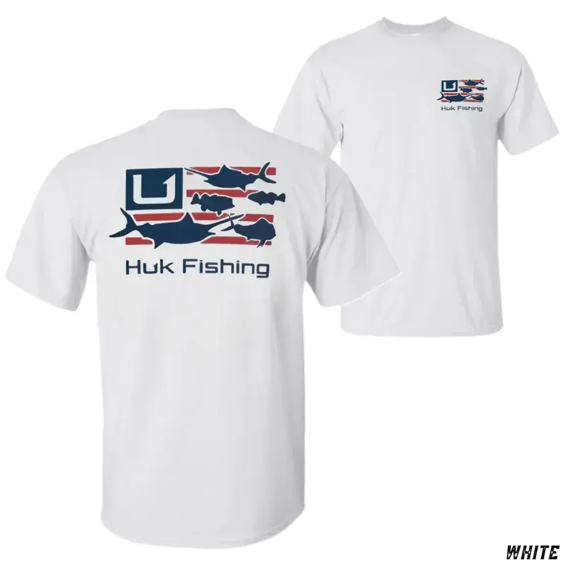 Huk Patriotic Fishing T-Shirt - Men's & Women's Soft Cotton Short USA Flag Fish Graphic Tee, Unisex Casual Round Neck Outdoor Sports Top, Outdoors
