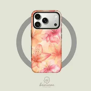 [Magnetic Compatible] This light orange watercolor-style protective case features a fresh hibiscus and lily pattern. It's a durable 2-in-1 case, MagSafe compatible, and works with iPhone 17/16/15/14/13/12/11 Pro Max/Plus/Pro.