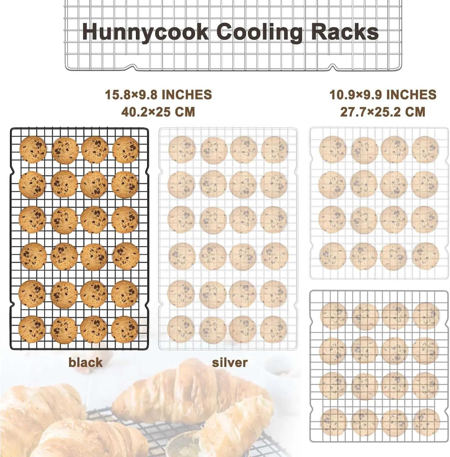 Hunnycook 15.8”×9.8” Cooling Rack, 3P Stainless Steel Baking Rack, Oven Safe Cooling Racks for Cooking and Baking, Black Roasting Rack & Wire Rack & Cookie Cooling Rack for Roasting, Grilling, Drying