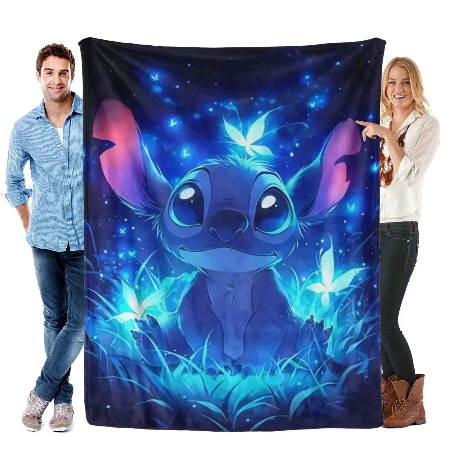 Disney Midnight Butterfly Stitch Throw Blanket,Soft Flannel Throw,Sparkling Star Field Art For Bed Couch,Stitch Bedding,Kids Room Matching Decor