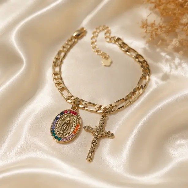 Women's Virgin Mary Antique Style Gold-Plated Copper Bracelet - Religious, Unisex, Elegant & Comfortable, Lightweight Gold Aesthetic, Confirmations Spiritual Gift for Daily Wear