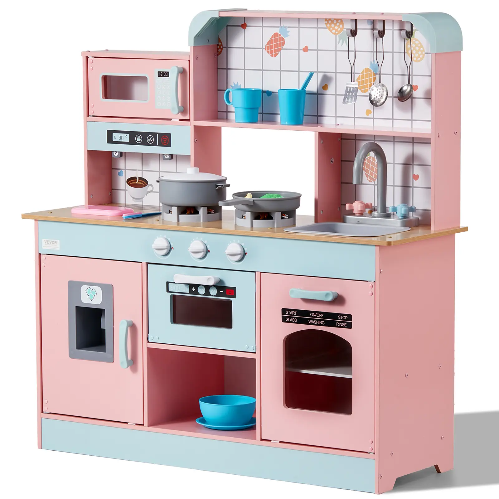 【summerfinds】VEVOR Play Kitchen for Kids, Wooden Toy Kitchen Set with Lights and Sounds, Toddler Kitchen with Ice Maker, Oven, Sink,Fridge and Utensil and Fruit Accessory for Toddlers ages 3-8, Christmas gift