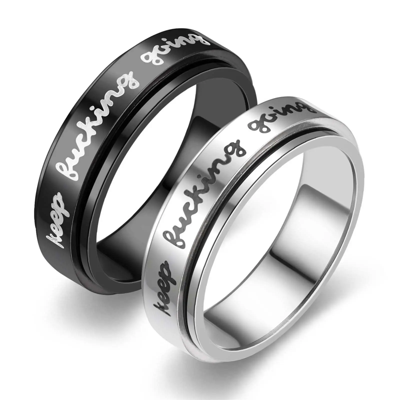 Y2k glossy matte rotatable Keep fucking going...Silver/black letter inspirational ring for men and women gift hip-hop suitable for party