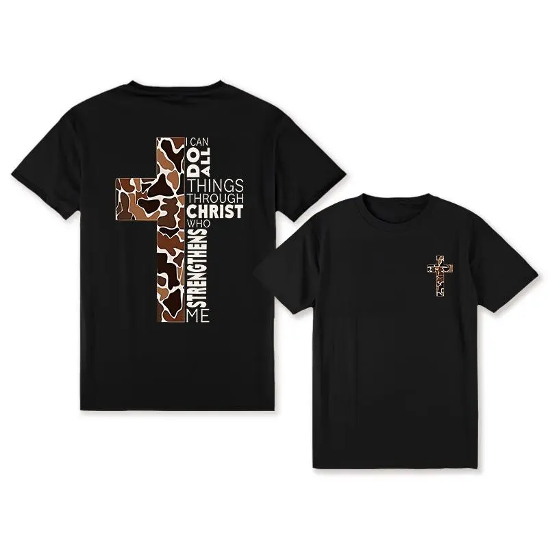 Men's Camo Cross Graphic Shirt - Chic Streetwear Style with Short Sleeves & Philippians 4:13 Christian Verse, Tshirt, Cotton
