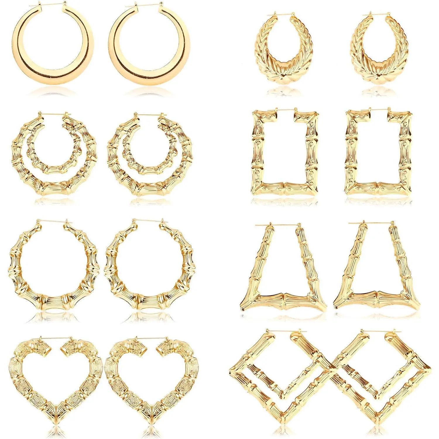 CASSIECA Women's 8-Pair Bamboo Geometric Statement Earrings Set, Handmade Artificial Gemstone Jewelry with Large Different Shapes, Chunky Bling Accessories for Women for Party, Daily Wear