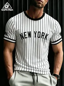 Men's New York Vertical Stripe Baseball Style T-Shirt, Fitted Quick-Dry Dryfit Sporty Training Top, Gym & Streetwear, Workout Sportswear, Athletic Fashion Activewear, Gofit Men
