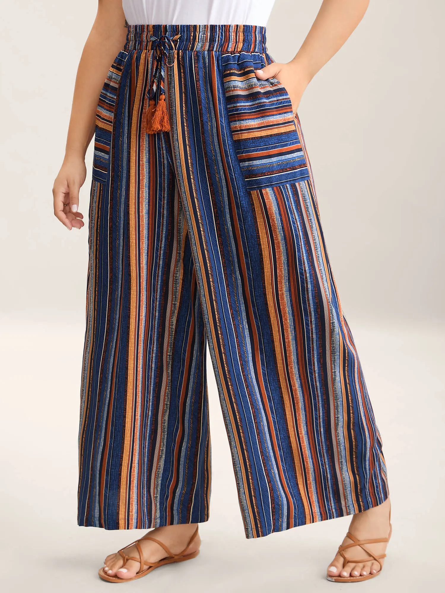 BloomChic Plus Size Bohemian Striped Rayon Wide-Leg Pants, Mid Rise Vacation Bottoms with a Contrast Drawstring, Oversize, Lady, Mom, Baggy, Bloomer Pants, Oversized, Curvy Clothing