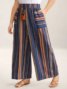 BLOOMCHIC Women's Plus Size Bohemian Striped Drawstring Wide-Leg Pants - Loose-Fitting Summer Bottoms for Ladies & Moms, with Patch Pockets, Crimson Multicolor/Emerald, 2026 Summer Pick, M-6X 2026 Summer Vibes Swimweek
