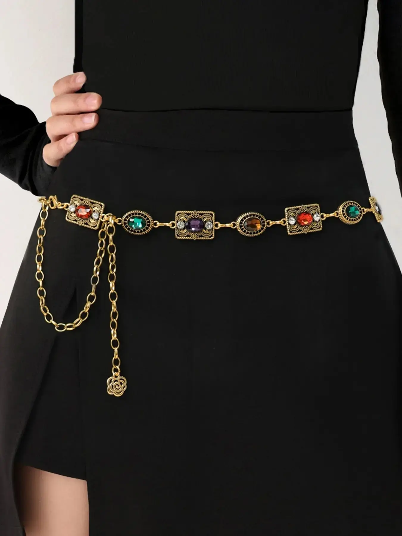 Vintage Metal Alloy Material Floral Waist Chain for Women, Rhinestone Decorated Belt Chain, Fashion Accessory for Dresses, Versatile Waist Chain, Vintage Body Jewelry, Body Chains