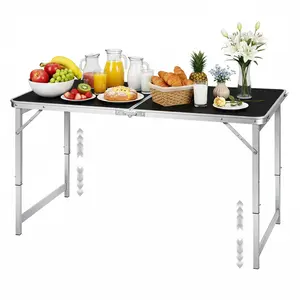 4 Ft Folding Portable Camping Table with Three Adjustable Heights RV Tables for Inside Camper Outdoor BBQ Dining Picnic Cooking Beach Garden Black