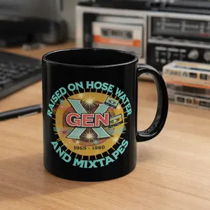 Raised on Hose Water and Mixtapes Mug | Black ceramic coffee mug