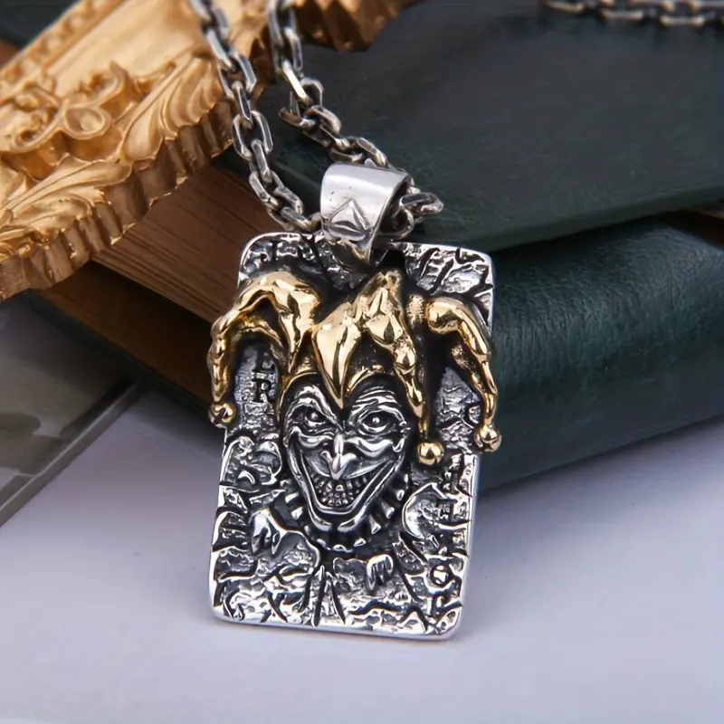 Men's Gothic Stainless Steel Hypoallergenic Nickel-Free Pendant Necklace - Poker King Circus Clown Design, Hip Hop Punk Trend, Fashion Creative Jewelry Gift with 24in Chain, Vintage, Character Shaped Necklaces, Chain Jewelry Necklaces